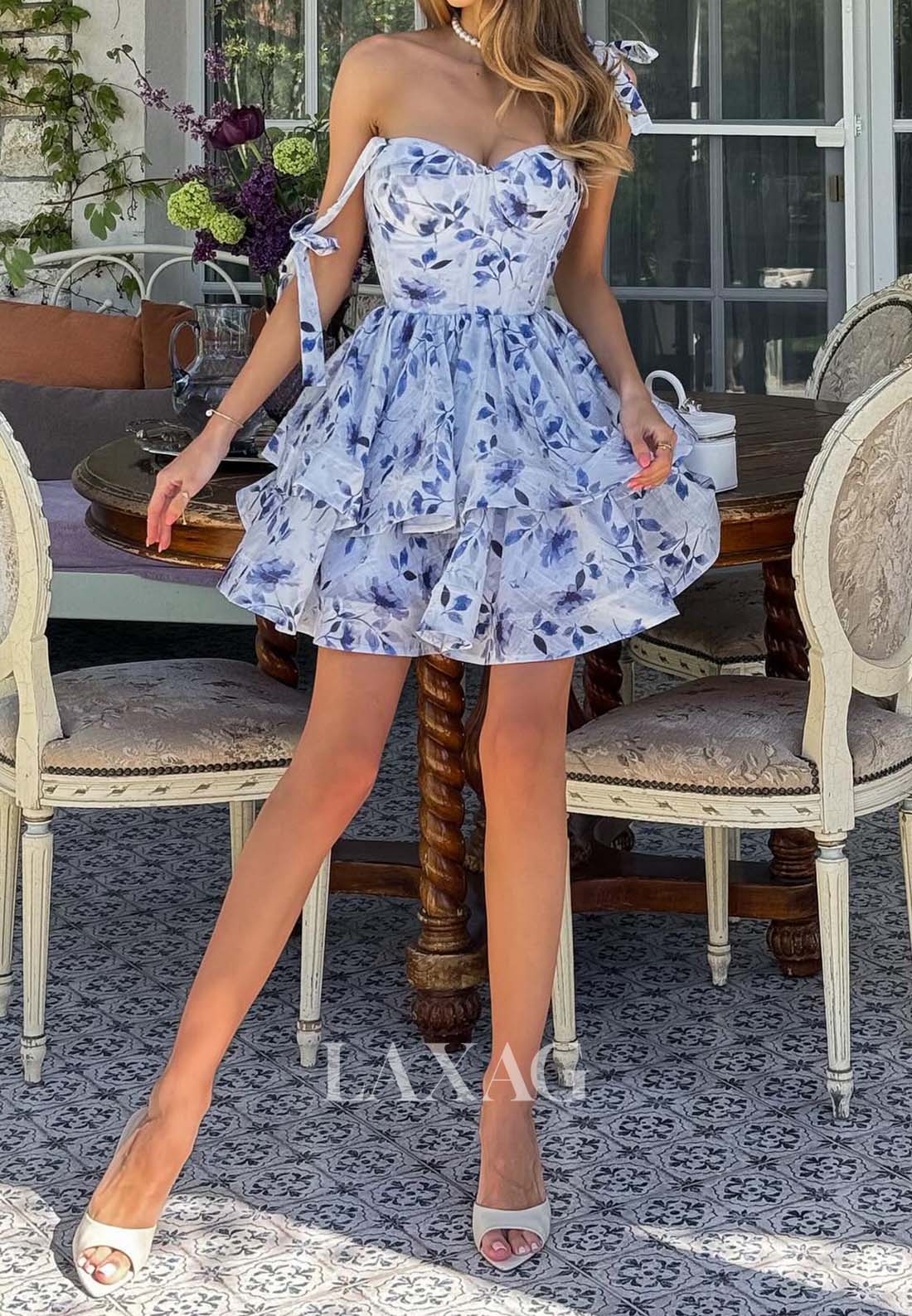 Sweetheart Spaghetti Straps Sleeveless Pleated Print-Chiffon Tiered A-Line Homecoming Dress