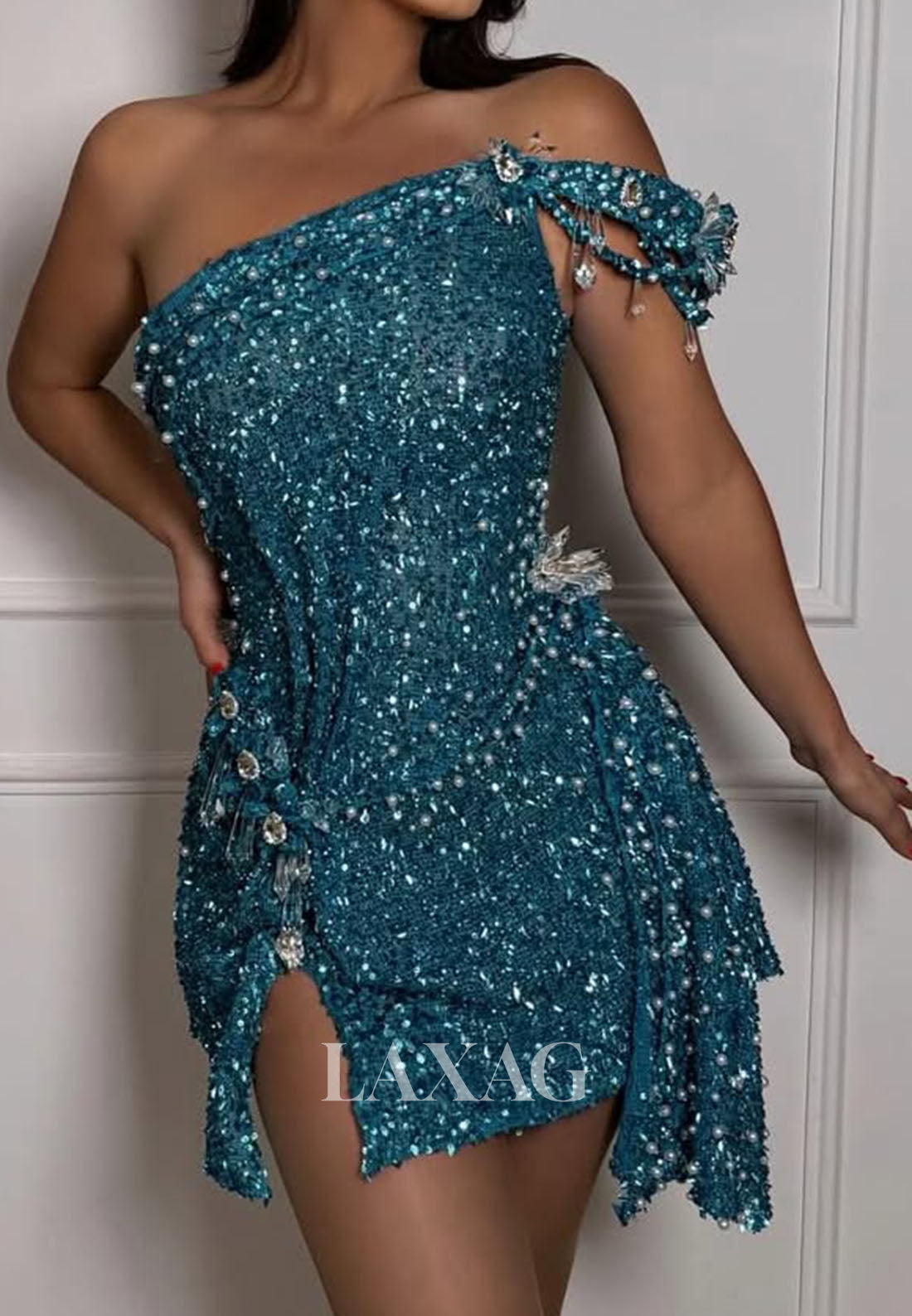 Asymmetrical-Neck Sleeveless Rhinestone Fully Sequined Pleated Mermaid Homecoming Dress
