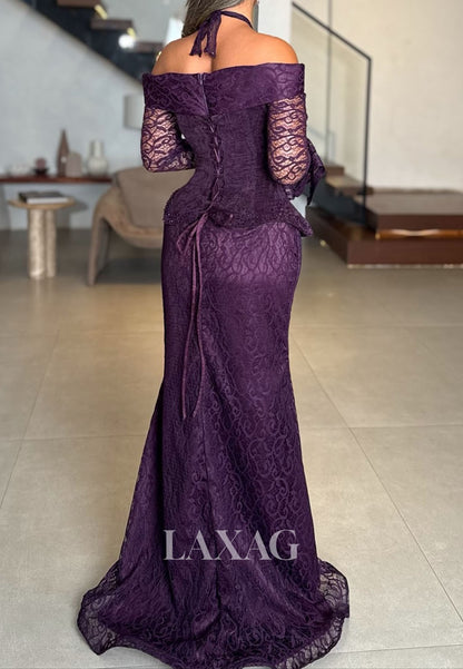 Halter-Sweetheart Long-Sleeves Formal Gowns Beaded Allover Lace Pleated Mermaid Evening Dress