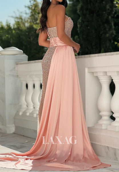 Bateau-Neck Sleeveless Mermaid Prom Dress Off-Shoulder Fully Beaded Pleated High Slit Party Gowns