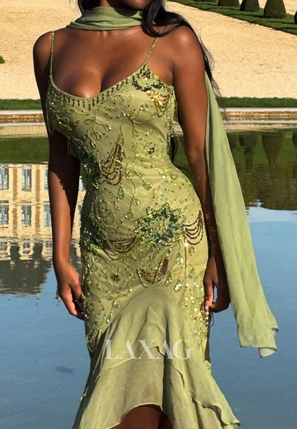 Spaghetti Straps Floor-Length Sequined Beaded Party Gowns Chiffon Trumpet Mermaid Prom Dress