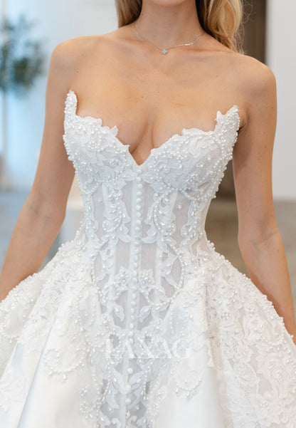 Sweetheart Sleeveless Beaded Lace Applique Satin A-Line Wedding Dress with High Slit
