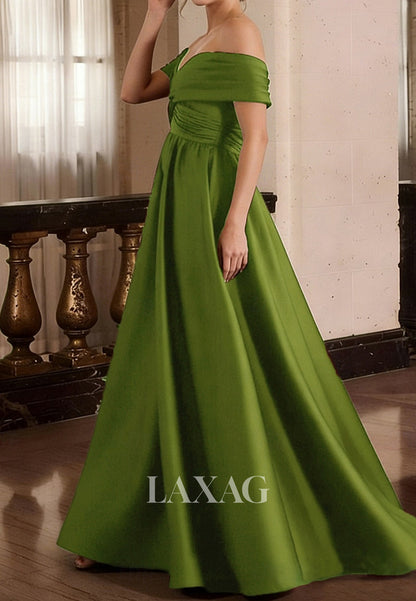 V-Neck Off-Shoulder Sleeveless Satin Pleated Floor-Length Simple A-Line Evening Dress