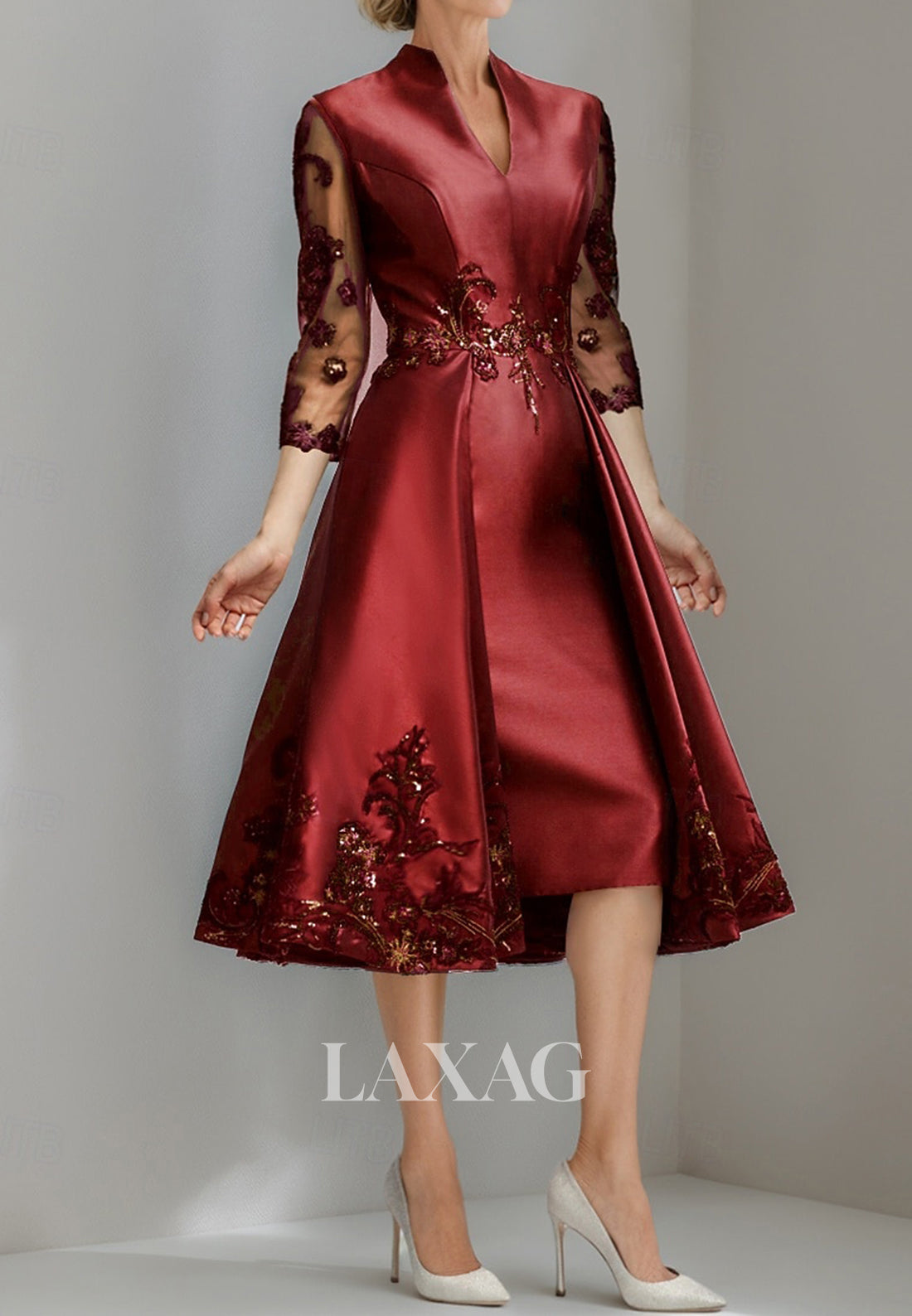 V-Neck 3/4-Sleeves Sequined Applique Tulle&Satin Tea-Length A-Line Mother of the Bride Dress