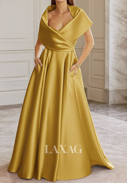 V-Neck Floor-Length Long A-Line Evening Dress Sleeveless Satin Pleated Formal Gowns