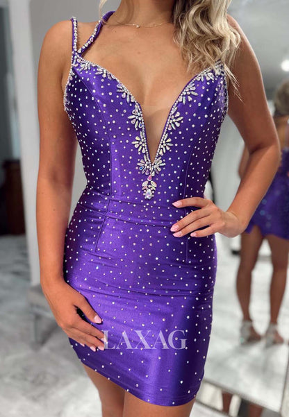 Deep V-Neck Spaghetti Straps Sleeveless Fully Beaded Satin Short Mermaid Homecoming Dress
