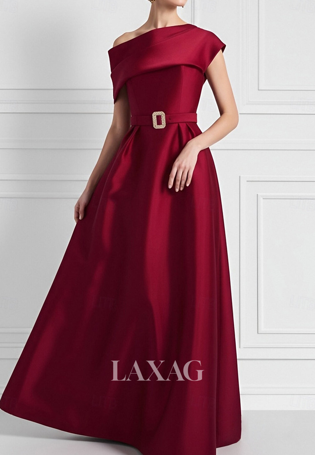 Asymmetrical-Neck Sleeveless Floor-Length Satin A-Line Formal Evening Dress