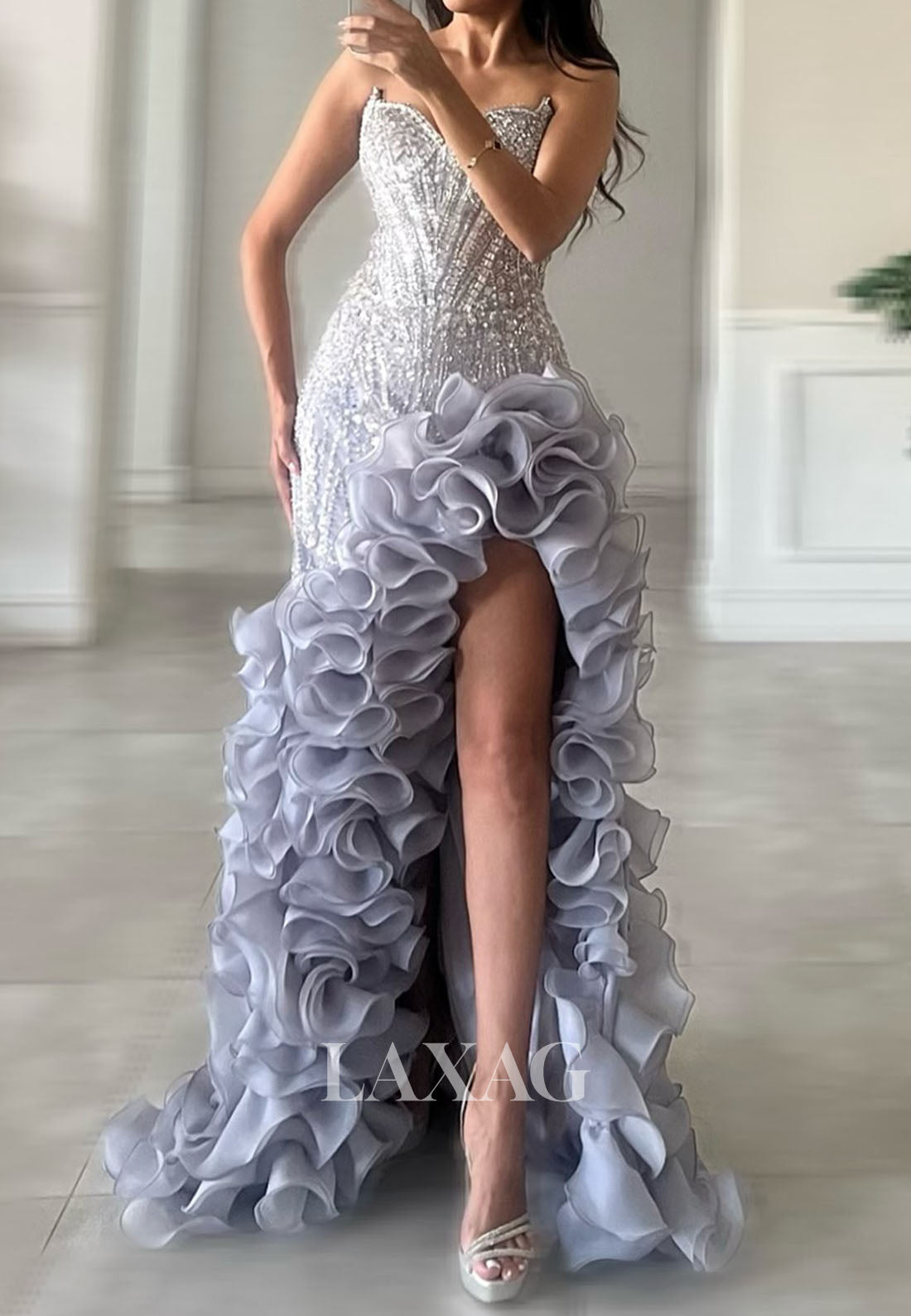 Off-Shoulder Sweetheart Sequined Beaded Chiffon Ruffled Mermaid Prom Dress with High Slit