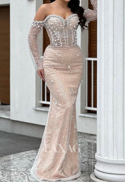 Sweetheart Off-Shoulder Fully Beaded Formal Gowns Long-Sleeves Pearls Meramid Evening Dress