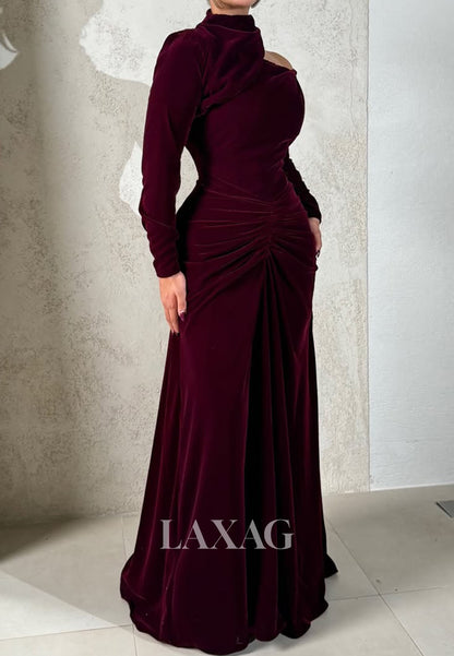 Asymmetrical-Neck Pleated Velvet Formal Gowns Long-Sleeves Floor-Length Mermaid Evening Dress