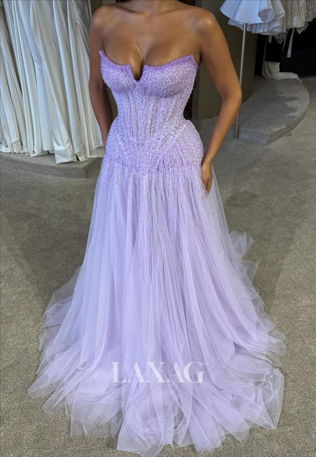 Bateau-Neck Off-Shoulder Sleeveless Sequined Beaded Pleated Tulle A-Line Party Prom Dress