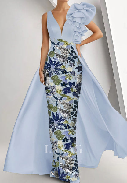 Deep V-Neck Straps Ruffled Satin Mermaid Evening Dress Floor-Length Sequined Applique Formal Gowns