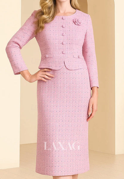 Scoop-Neck Long-Sleeves 3D-Floral Satin Tea-Length  Mermaid Mother of the Bride Dress