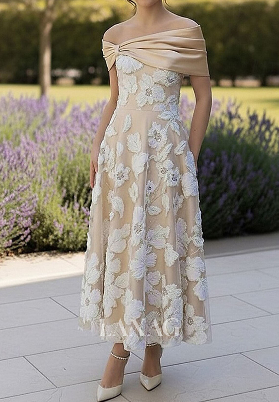 Asymmetrical-Neck Beaded Floral-Applique A-Line Evening Dress Off-Shoulder Satin Pleated Formal Gowns