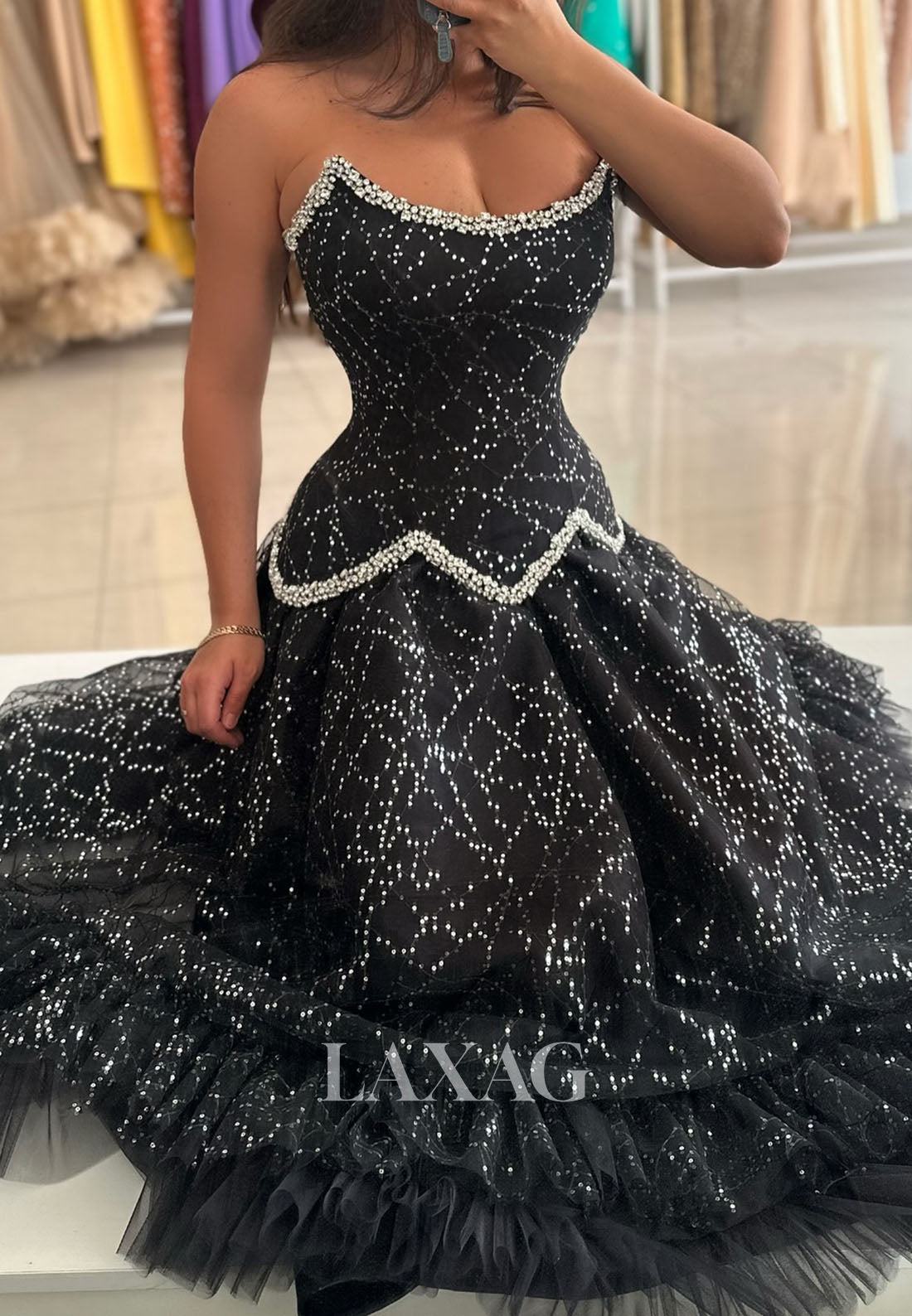 Scoop-Neck Sleeveless Pleated Tulle A-Line Prom Dress Fully Sequined Beaded Floor-Length Party Gowns