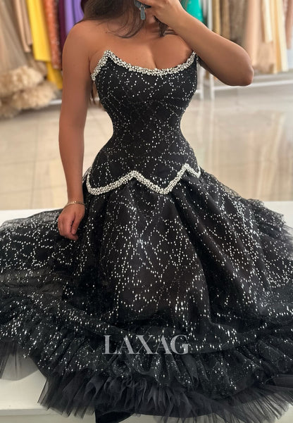 Scoop-Neck Sleeveless Pleated Tulle A-Line Prom Dress Fully Sequined Beaded Floor-Length Party Gowns