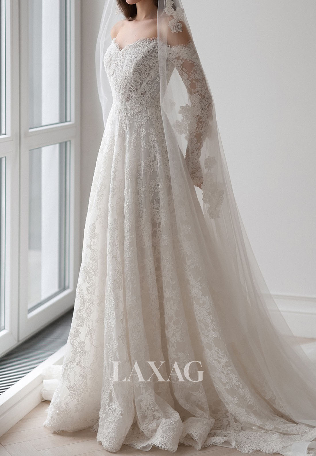 Sweetheart Off-Shoulder Long-Sleeves Beaded Allover Lace Applique A-Line Wedding Dress with Train