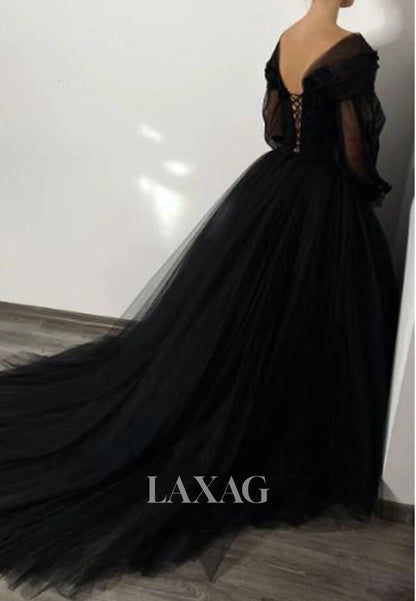 Off-Shoulder Applique Pleated Tulle Formal Gowns V-Neck Long-Sleeves A-Line Wedding Dress