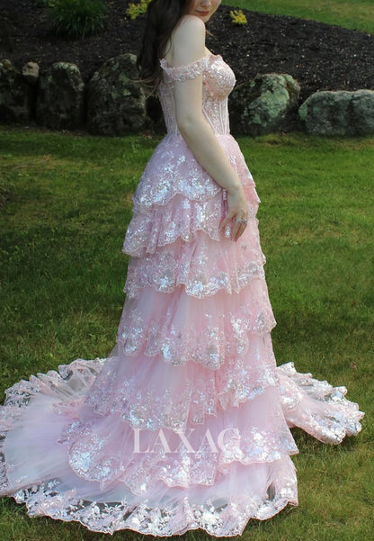 Sweetheart Tulle Ruffled Tiered Party Gowns Fully Sequined Applique High Slit A-Line Prom Dress