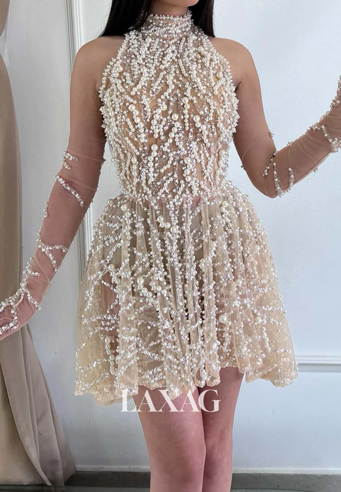 Halter-Neck Off-Shoulder Sleeveless Pleated Fully Pearls A-Line Homecoming Dress with Gloves