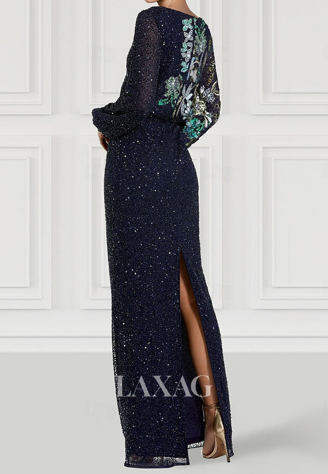 Scoop-Neck Long-Sleeves Mermaid Evening Dress Fully Sequined Applique Floor-Length Formal Gowns