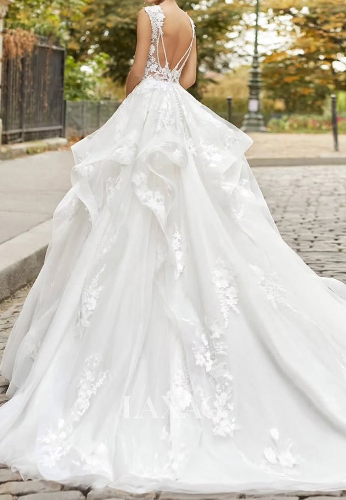 V-Neck Spaghetti Straps Beaded Sequined Applique Tulle Pleated Tiered A-Line Wedding Dress