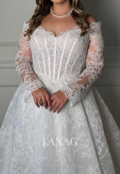 Sweetheart Long-Sleeves A-Line Wedding Dress Off-Shoulder Allover Lace Pleated Bride Gowns