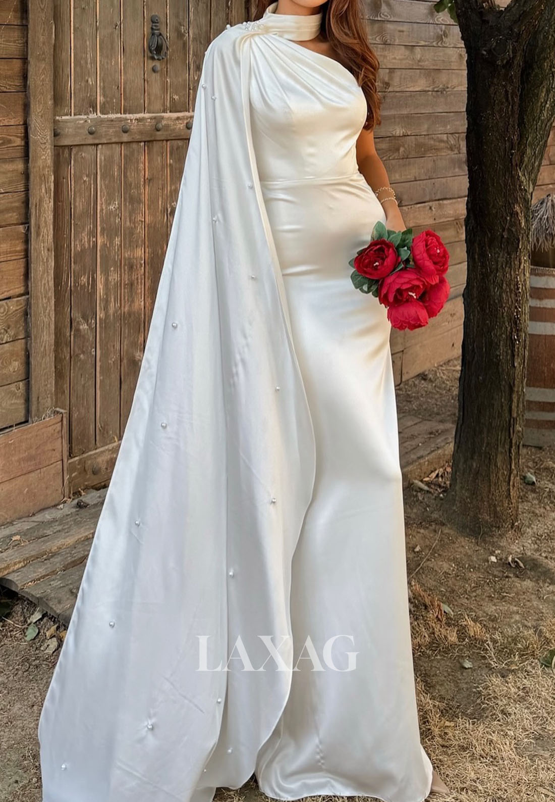 Halter Asymmetrical-Neck Sleeveless Floor-Length Pleated Satin Mermaid Wedding Dress with Train