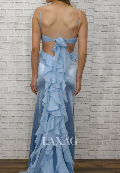 Sweetheart Spaghetti Straps Mermaid Evening Dress Sleeveless Pleated Satin High Slit Formal Gowns