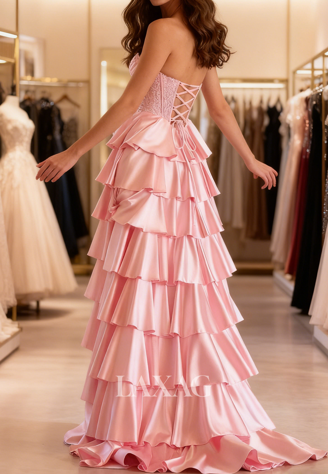 Sweetheart Sequined Applique Tiered A-Line Prom Dress Off-Shoulder Sleeveless Pleated Satin Party Gowns