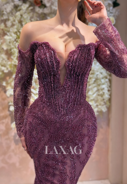 Deep V-Neck Fully Sequined Beaded Formal Gowns Long-Sleeves Floor-Length Mermaid Evening Dress