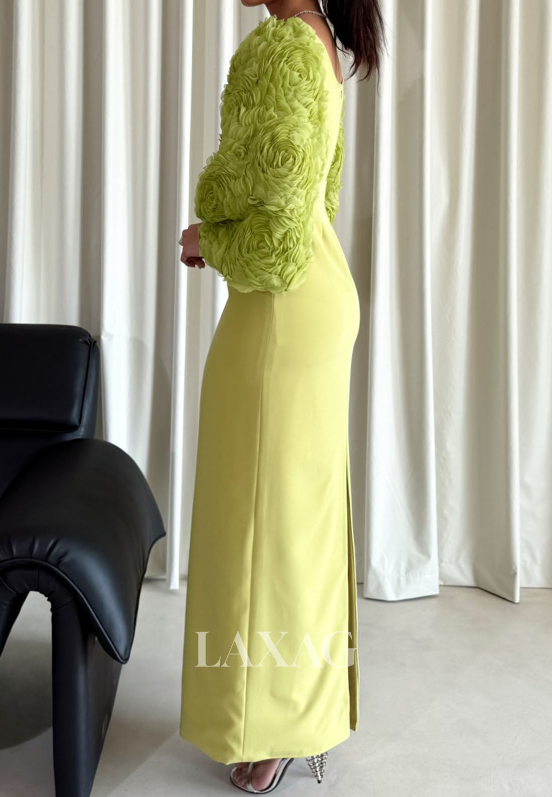 Square-Neck Long-Sleeves Fitted Evening Dress Satin&Chiffon Floral Embellished Formal Gowns