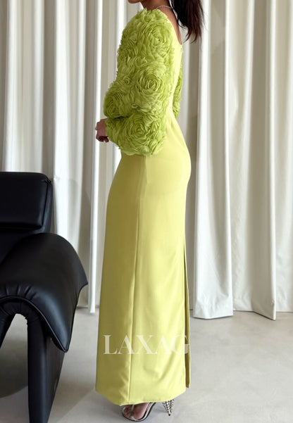 Square-Neck Long-Sleeves Fitted Evening Dress Satin&Chiffon Floral Embellished Formal Gowns