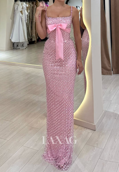 Square-Neck Sleeveless Mermaid Prom Dress Spaghetti Straps Fully Rhinestone Party Gowns