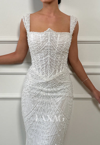 Tube Top Straps Sleeveless Fully Beaded Pearls Mermaid Wedding Dress with Sweep Train