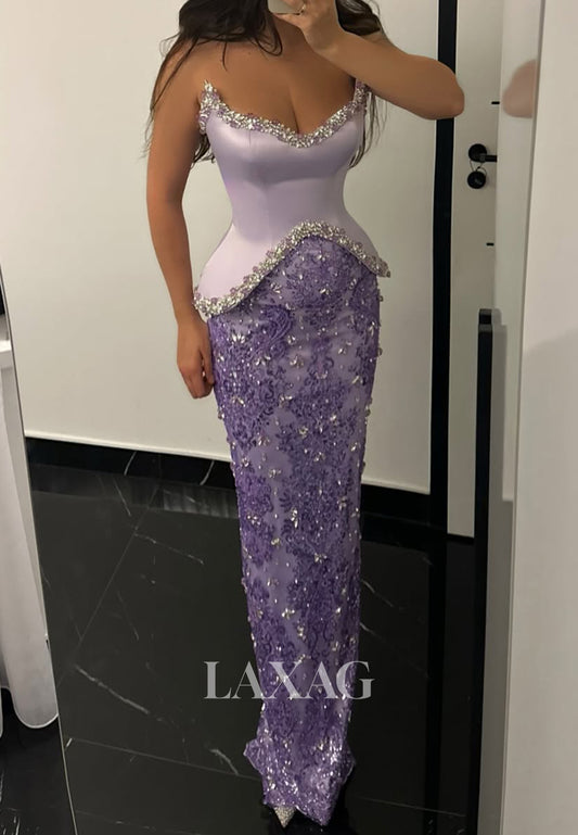 V-Neck Sleeveless Satin&Tulle Mermaid Prom Dress Floor-Length Rhinestone Applique Party Gowns