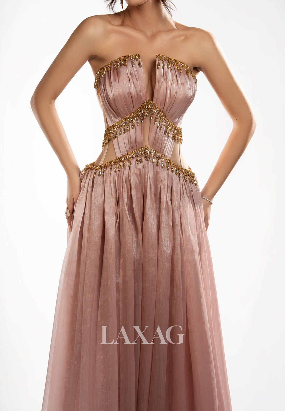 Tube Top Sleeveless Rhinestone Beaded Chiffon Pleated Floor-Length A-Line Formal Prom Dress