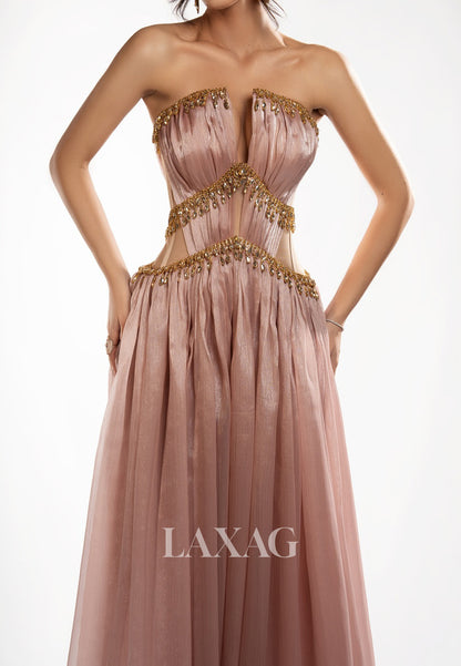 Tube Top Sleeveless Rhinestone Beaded Chiffon Pleated Floor-Length A-Line Formal Prom Dress