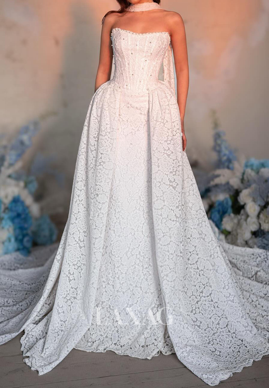 Bateau-Neck Off-Shoulder Sleeveless Mermaid Wedding Dress Pearls Allover Lace Bride Gowns