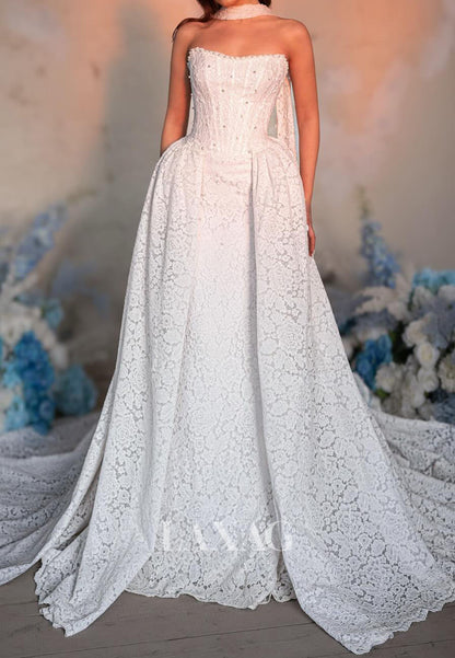 Bateau-Neck Off-Shoulder Sleeveless Mermaid Wedding Dress Pearls Allover Lace Bride Gowns