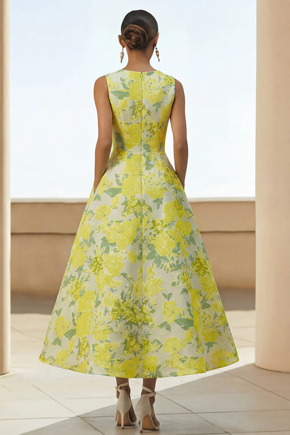 Scoop-Neck Sleeveless Ankle-Length Jacquard Satin Pleated Mother of the Bride Dress