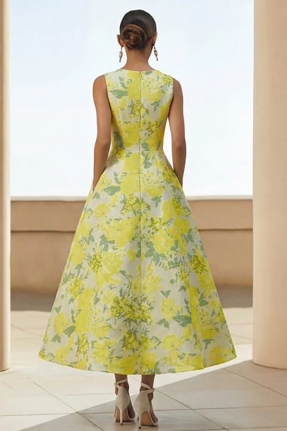 Scoop-Neck Sleeveless Ankle-Length Jacquard Satin Pleated Mother of the Bride Dress