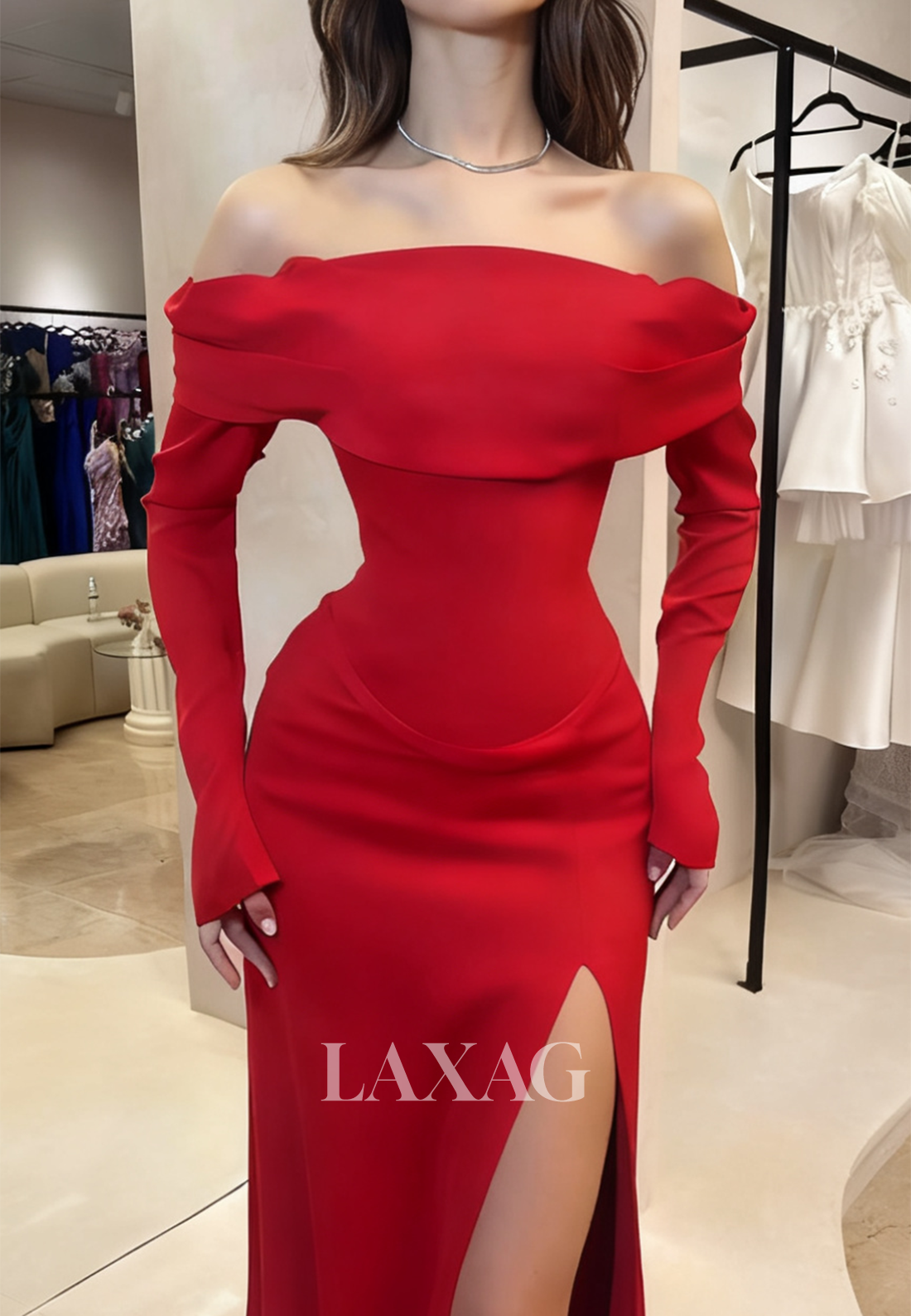 Off-Shoulder Bateau-Neck Mermaid Evening Dress Long-Sleeves Pleated Satin Slit Formal Gowns