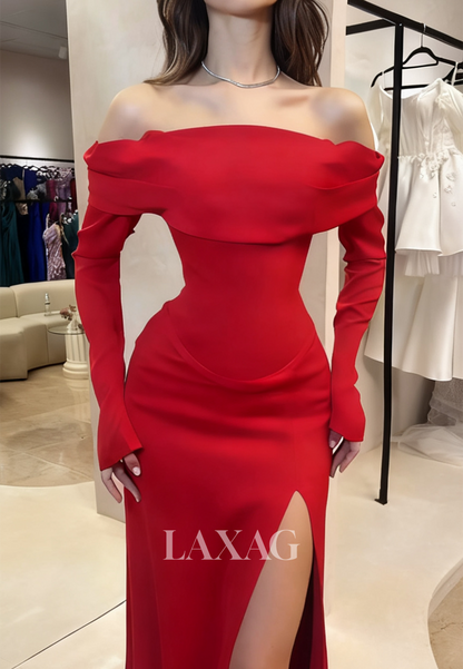 Off-Shoulder Bateau-Neck Mermaid Evening Dress Long-Sleeves Pleated Satin Slit Formal Gowns