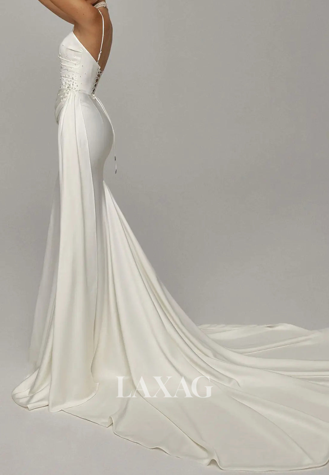 Sweetheart Spaghetti Straps Sleeveless Beaded Satin Pleated Mermaid Wedding Dress with Train