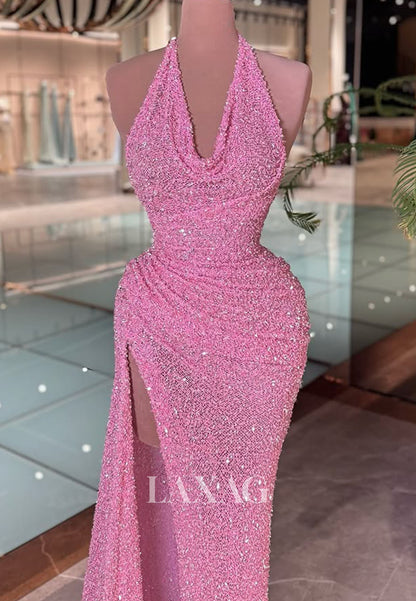 Halter-Neck Off-Shoulder Evening Gowns Fully Sequined Beaded Pleated Prom Dress with Slit