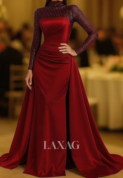 High-Neck Long-Sleeves Formal Gowns Sequined Satin Pleated Mermaid Formal Evening Dress