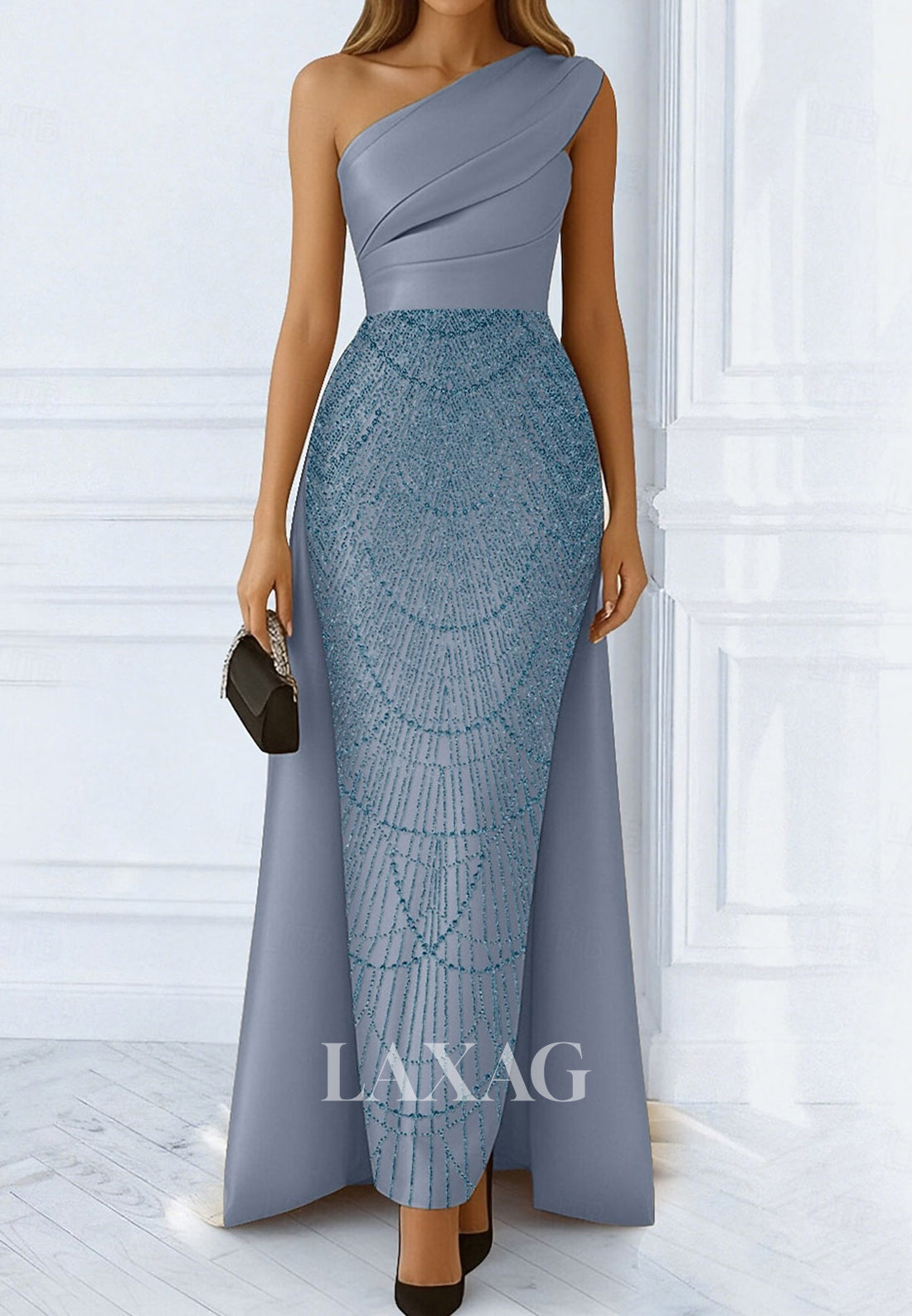 Asymmetrical-Neck Sleeveless Sequined Beaded Satin Pleated Mermaid Mother of the Bride Dress