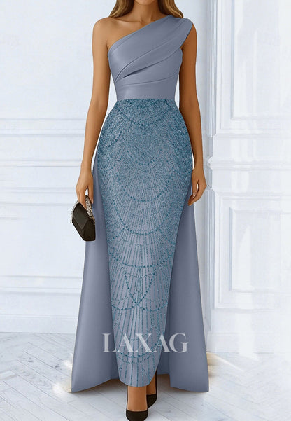 Asymmetrical-Neck Sleeveless Sequined Beaded Satin Pleated Mermaid Mother of the Bride Dress