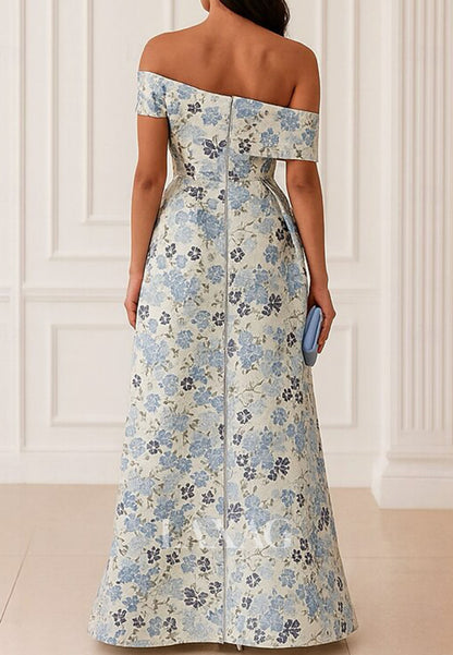 Off-Shoulder Asymmetrical-Neck A-Line Evening Dress Sleeveless Floor-Length Jacquard Formal Gowns